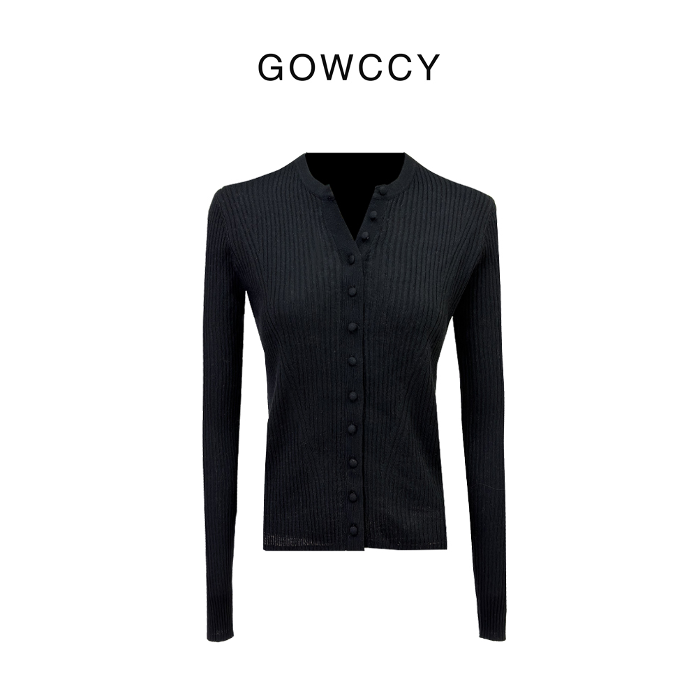 GOWCCY 羊毛黑色V领长袖针织衫