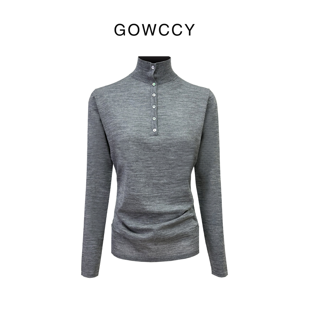 GOWCCY 羊毛灰色半高领带纽扣长袖针织衫
